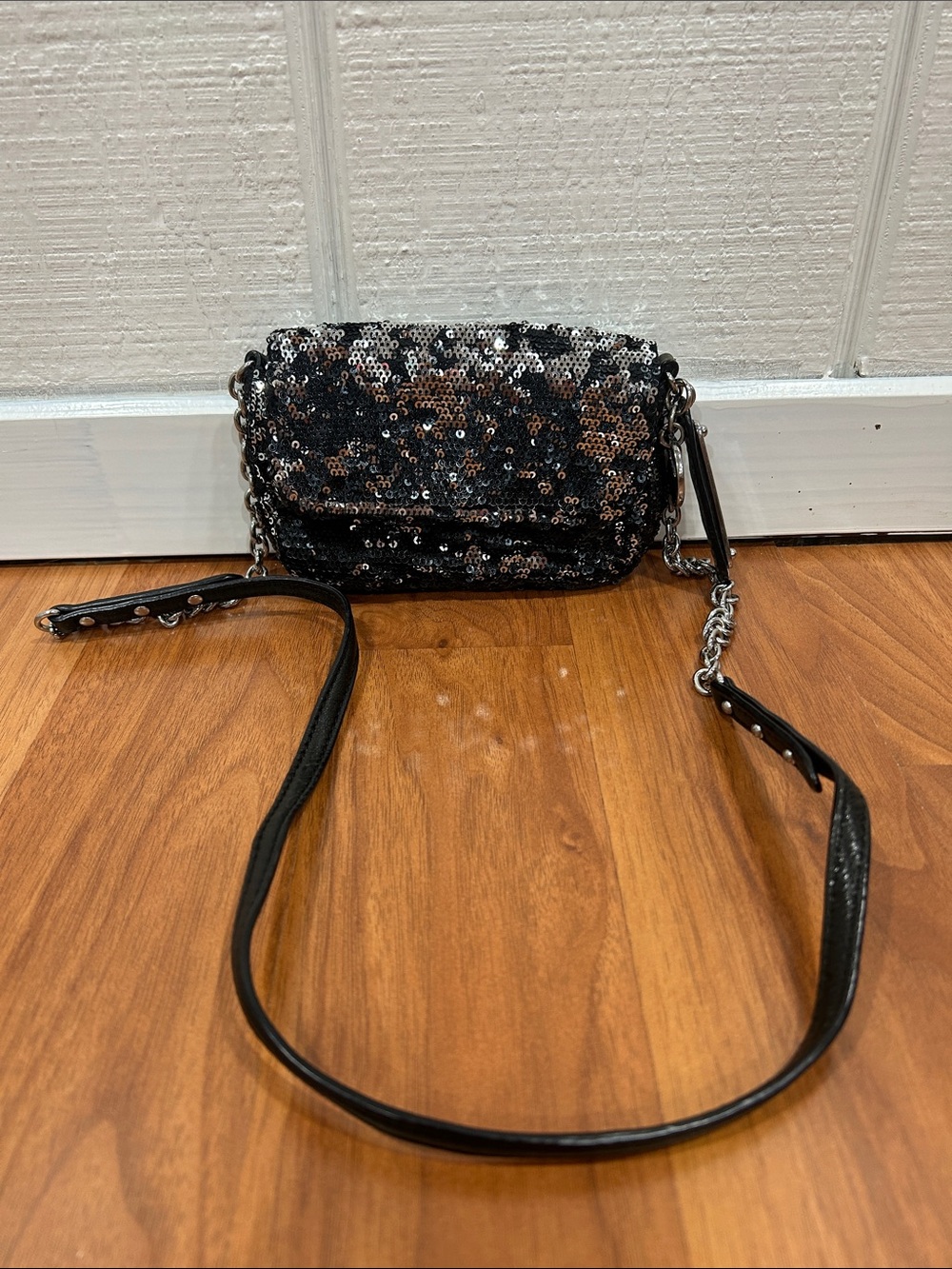 Black Sequin Crossbody Bag with Chain Strap